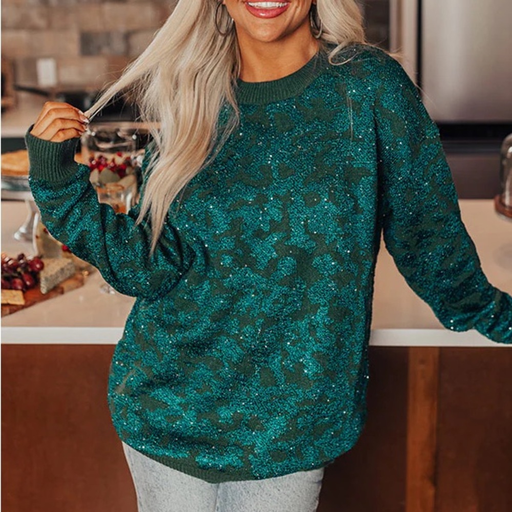 Impressions Teal and Dark Green Crewneck Sweater